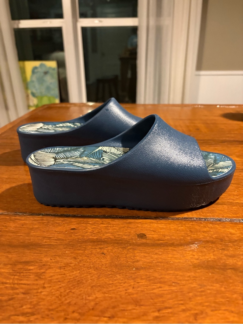 BareTraps Navy Platform Slide Mules with Patterned Insole